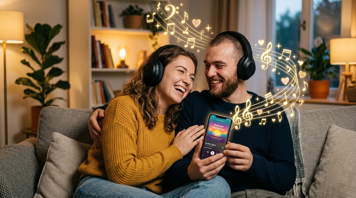 Casal com fones de ouvido, sorrindo e ouvindo a própria música no celular