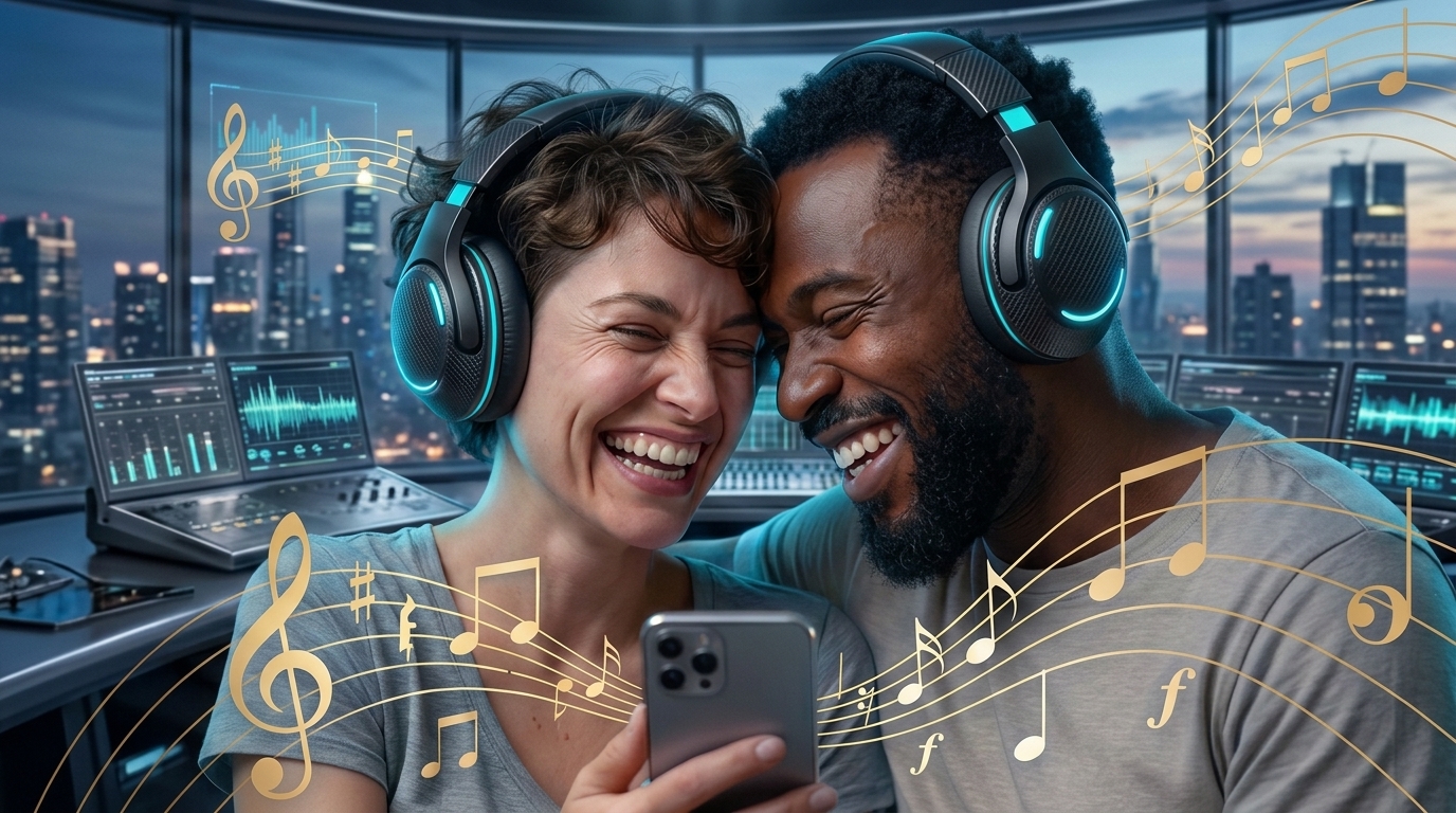 Casal com fones de ouvido sorrindo e ouvindo a própria música no celular
